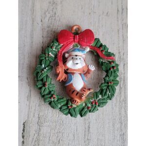 Vintage tiger wreath mistletoe ornament Xmas bow cat rustic